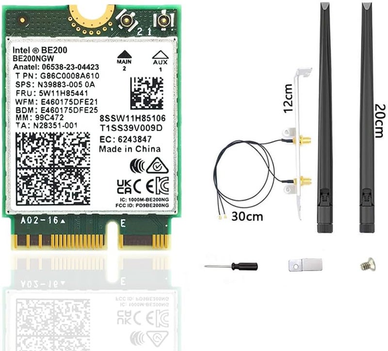 CORN WiFi 7 BE200 NGW Wireless Card, Tri-Band 6GHz/5GHz/2.4GHz M.2 NGFF Bluetooth 5.4, Includes Ipex Cable, 8dBi Antennas and Brackets Support Windows 10/11(64 bit)/Linux, Not Support AMD. (with Antennas) - Image 1